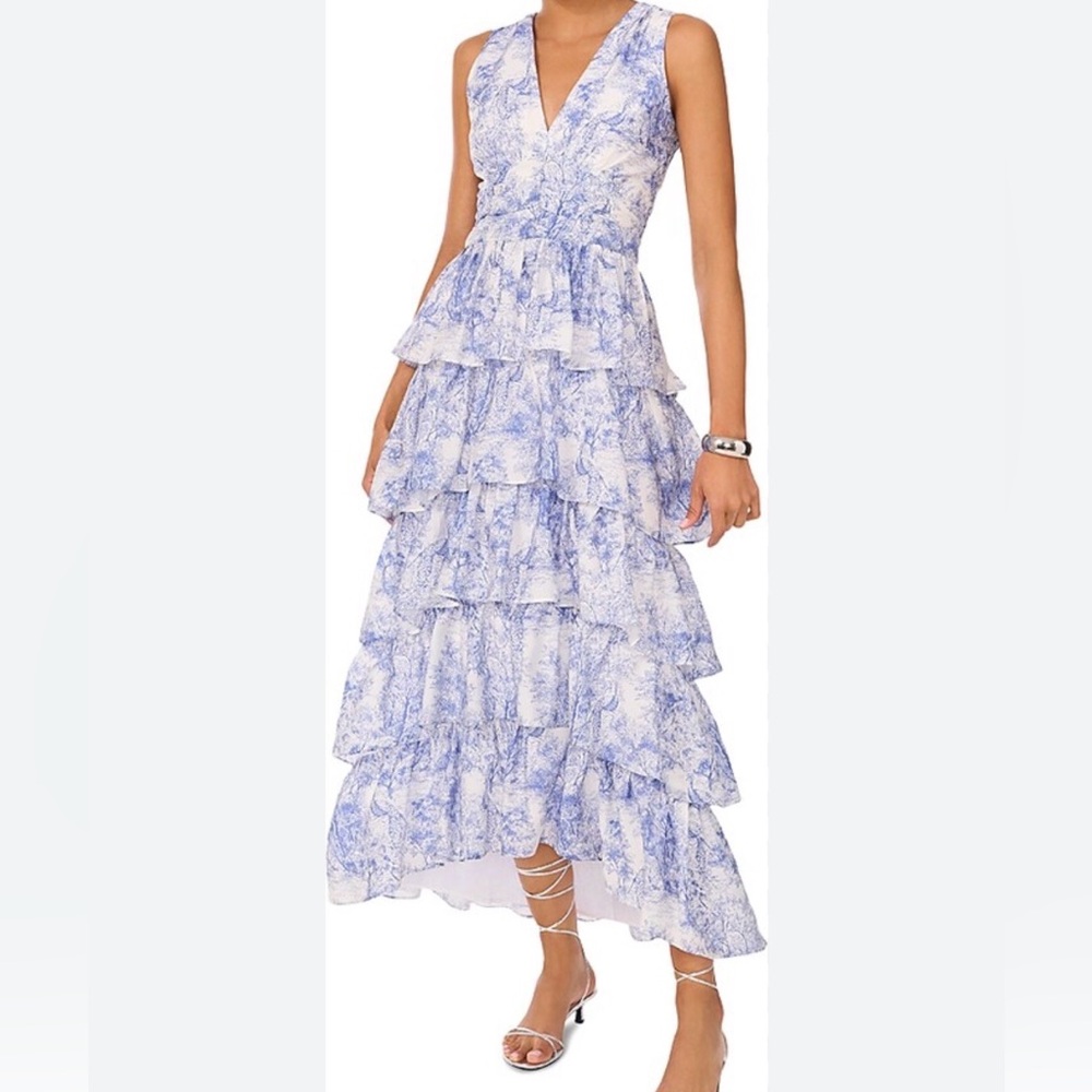 STATE Blue and White Toile Tiered Ruffle Maxi Dress